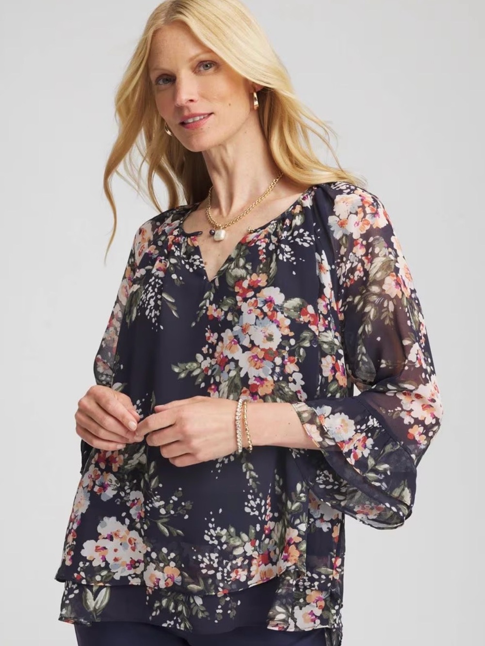 Chico’s Sz 3 US 16 Floral Cottagecore Chiffon Tunic Blouse Navy Sheer Sleeve NWT